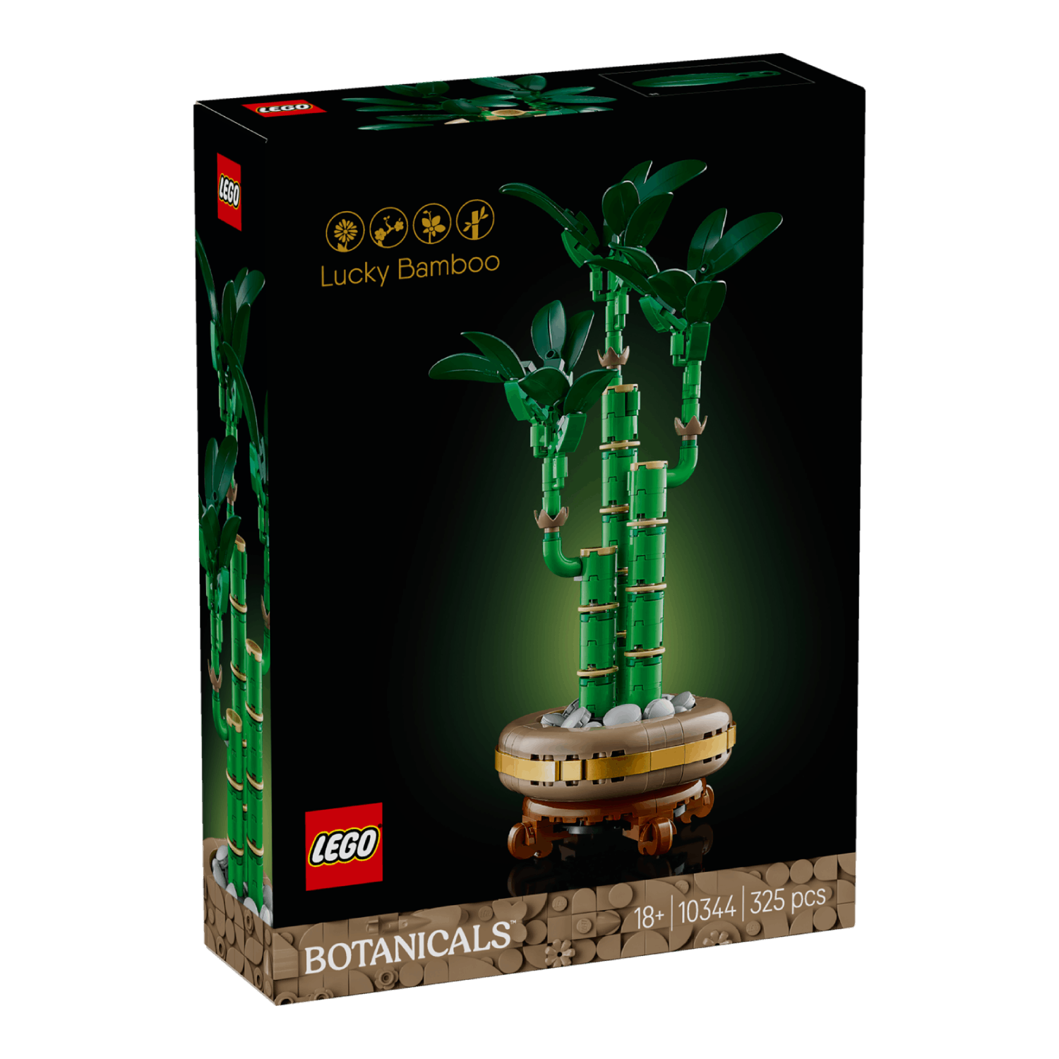 Lego Lucky Bamboo box, showing the plant in a pot. The background is black with the Lego logo at the bottom.
