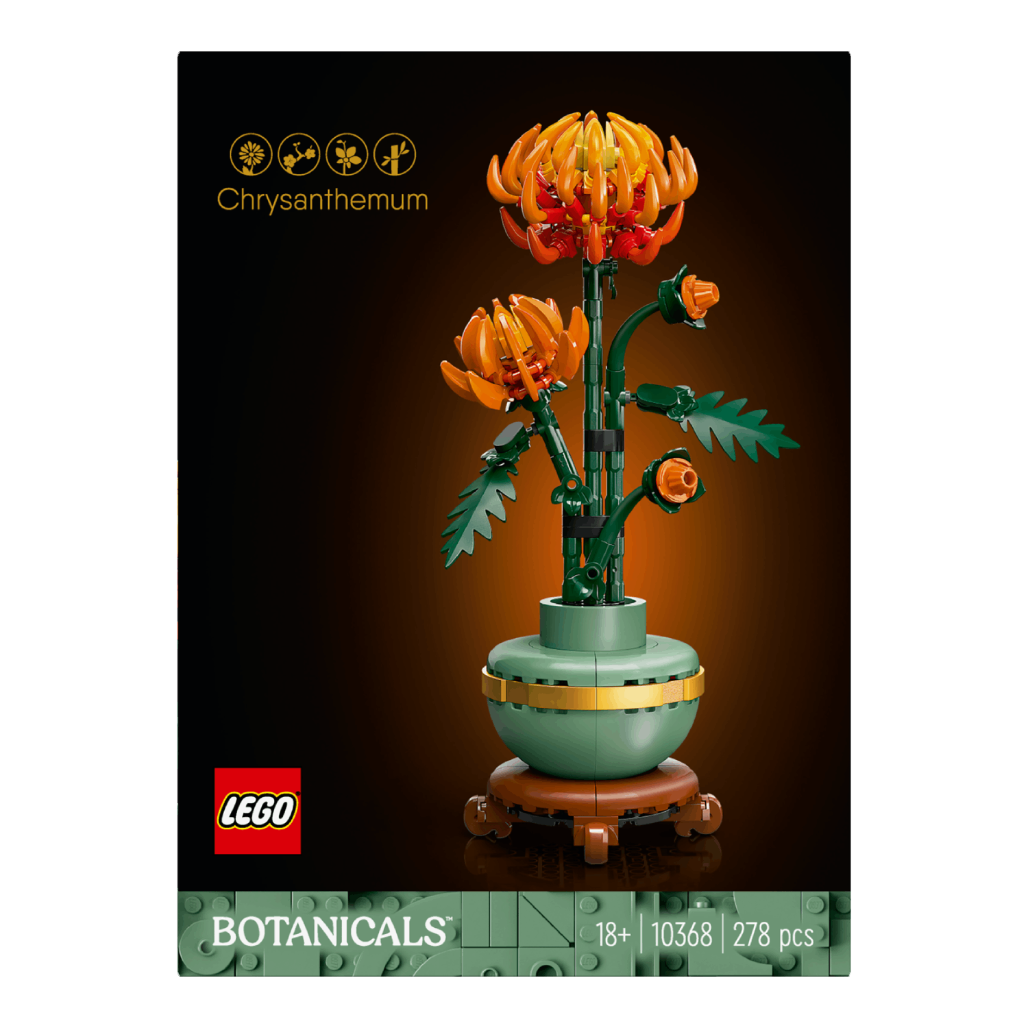 Lego Chrysanthemum box, showing the plant. The background is black with the Lego logo at the bottom.