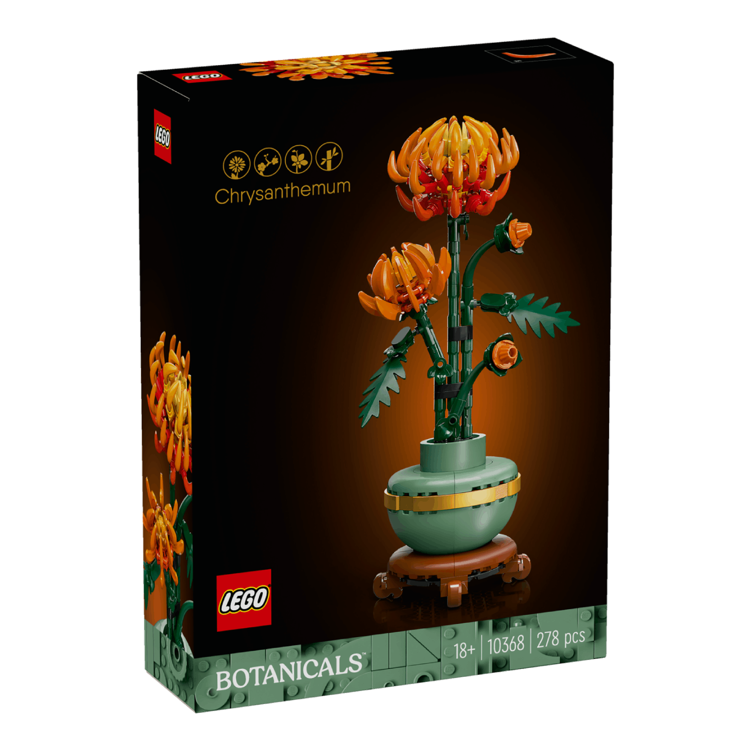 Lego Chrysanthemum box, showing the plant. The background is black with the Lego logo at the bottom.