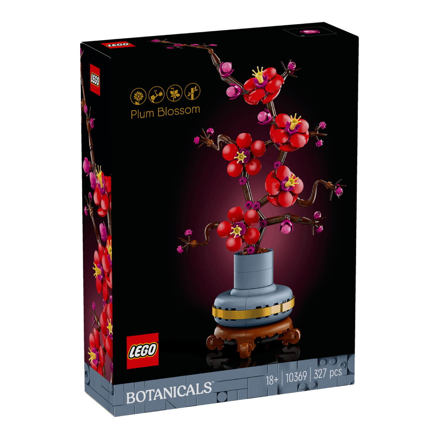 Lego doos van Plum Blossom set. Zwarte achtergrond met de set afbeelding. Rode bloemen en bruine takken.