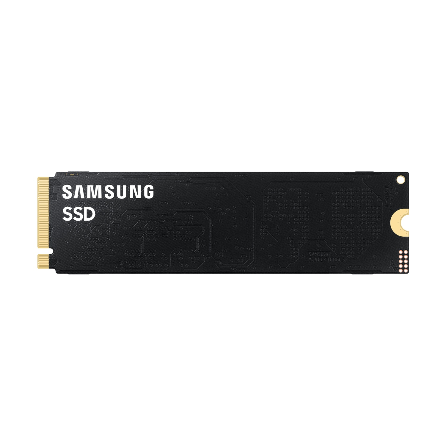 SSD nero con testo SAMSUNG SSD in bianco. Connettori dorati all'estremità. Sfondo bianco.