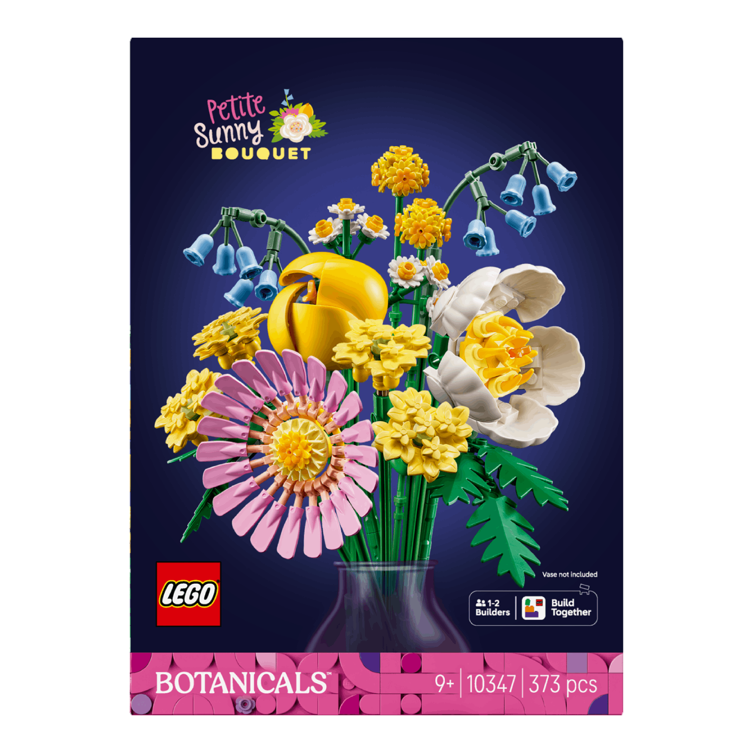 A Lego box art shows a bouquet in a vase. The bouquet includes pink, yellow, and blue flowers on a dark background.
