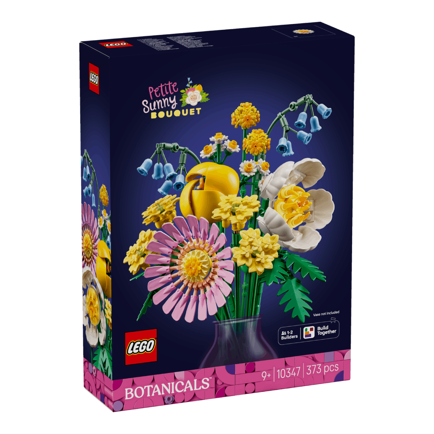 Lego box art shows a bouquet of pink, yellow, and blue flowers in a vase, set against a dark blue background.