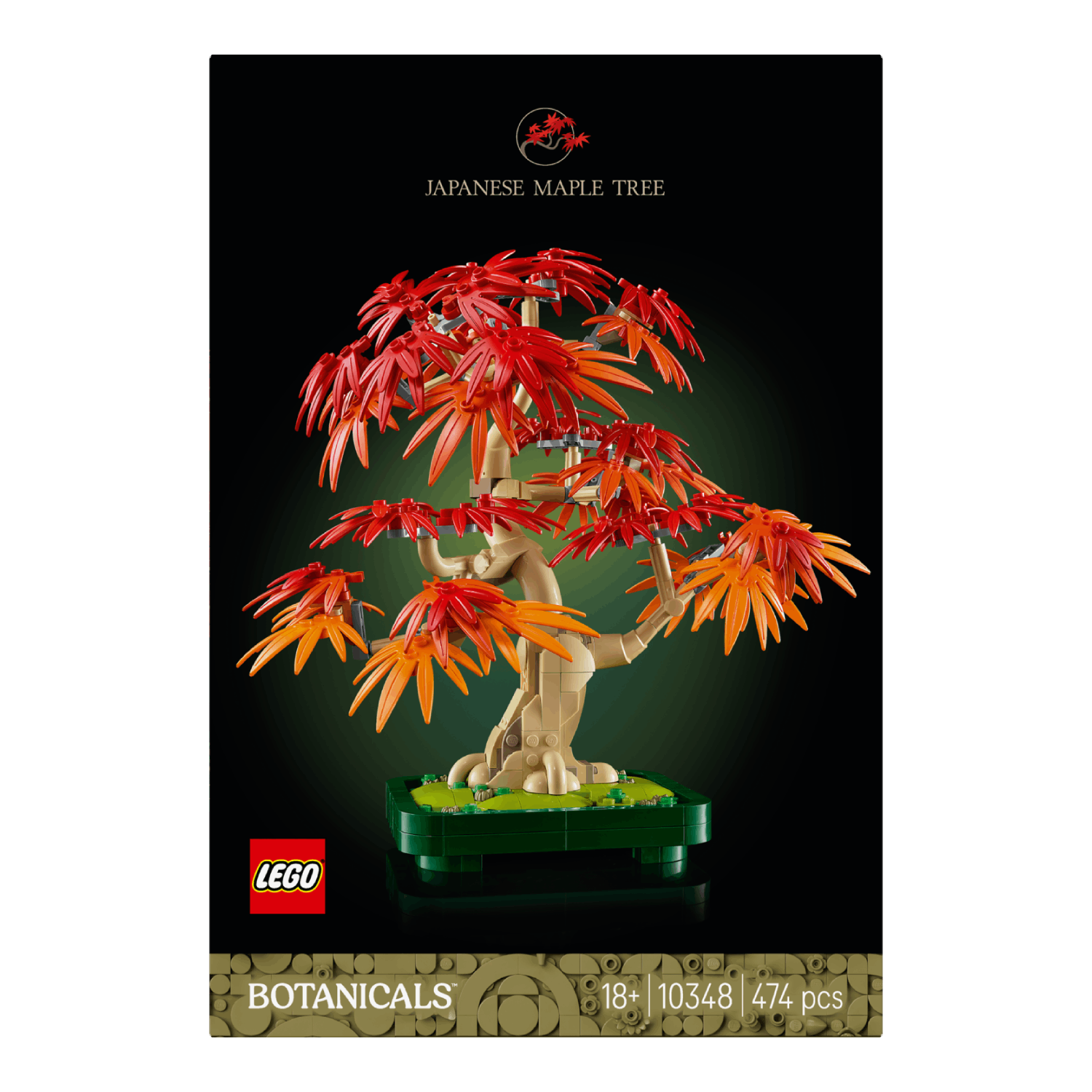 Lego box art of a Japanese maple tree model. The tree has red and orange leaves in a green pot.