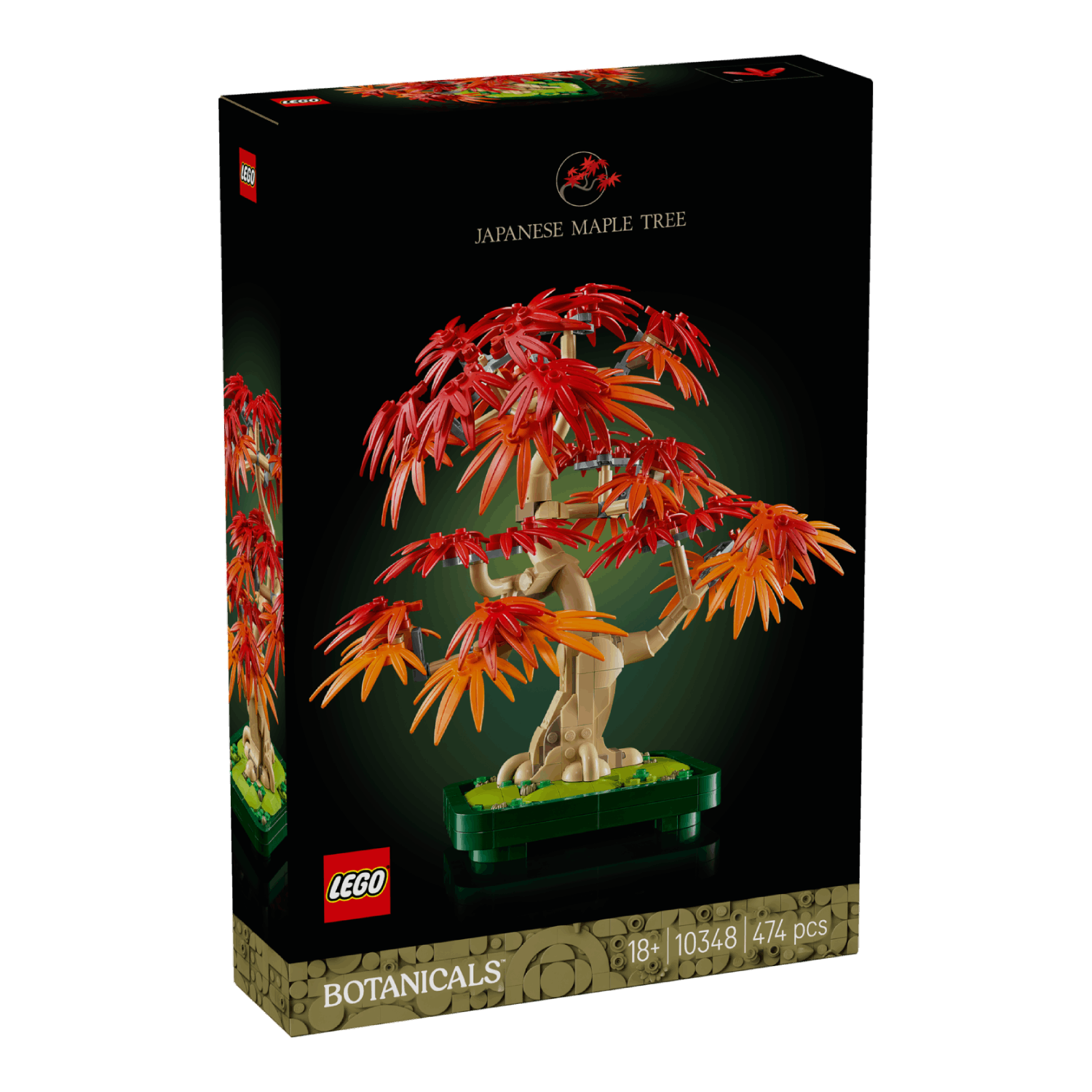 Lego box shows a Japanese maple tree model with red and orange leaves in a green pot against black background.