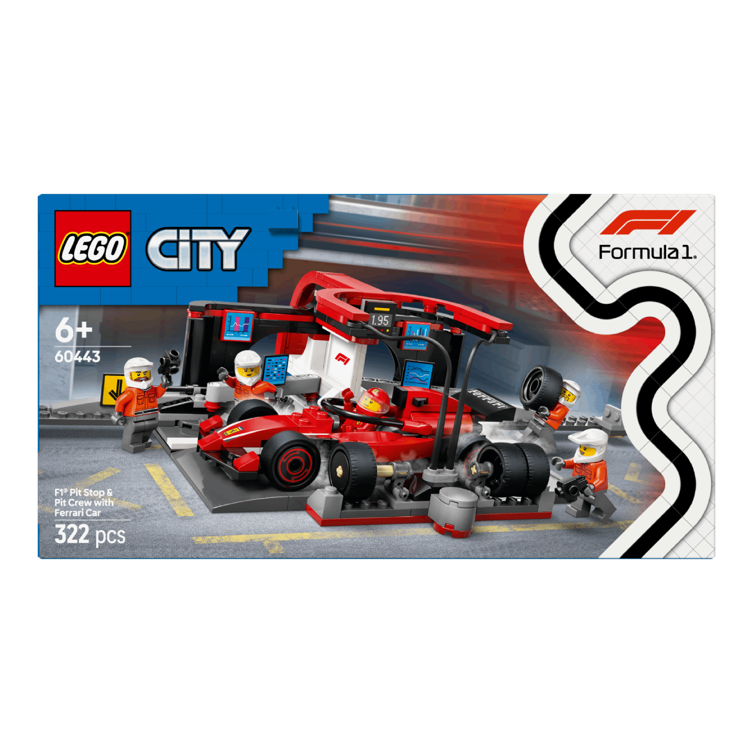 LEGO City F1 stop & pit crew with Ferrari car set box, with a white background.
