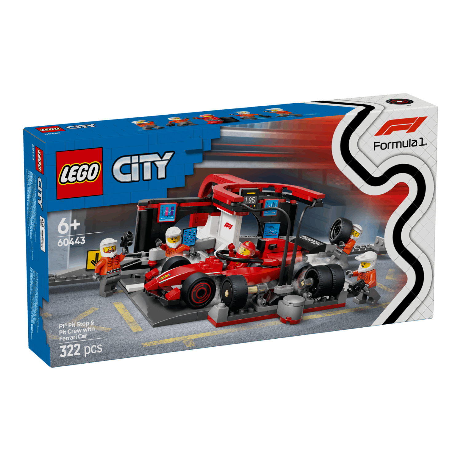 LEGO City F1 set box with a car, crew, and a race track, with white background.