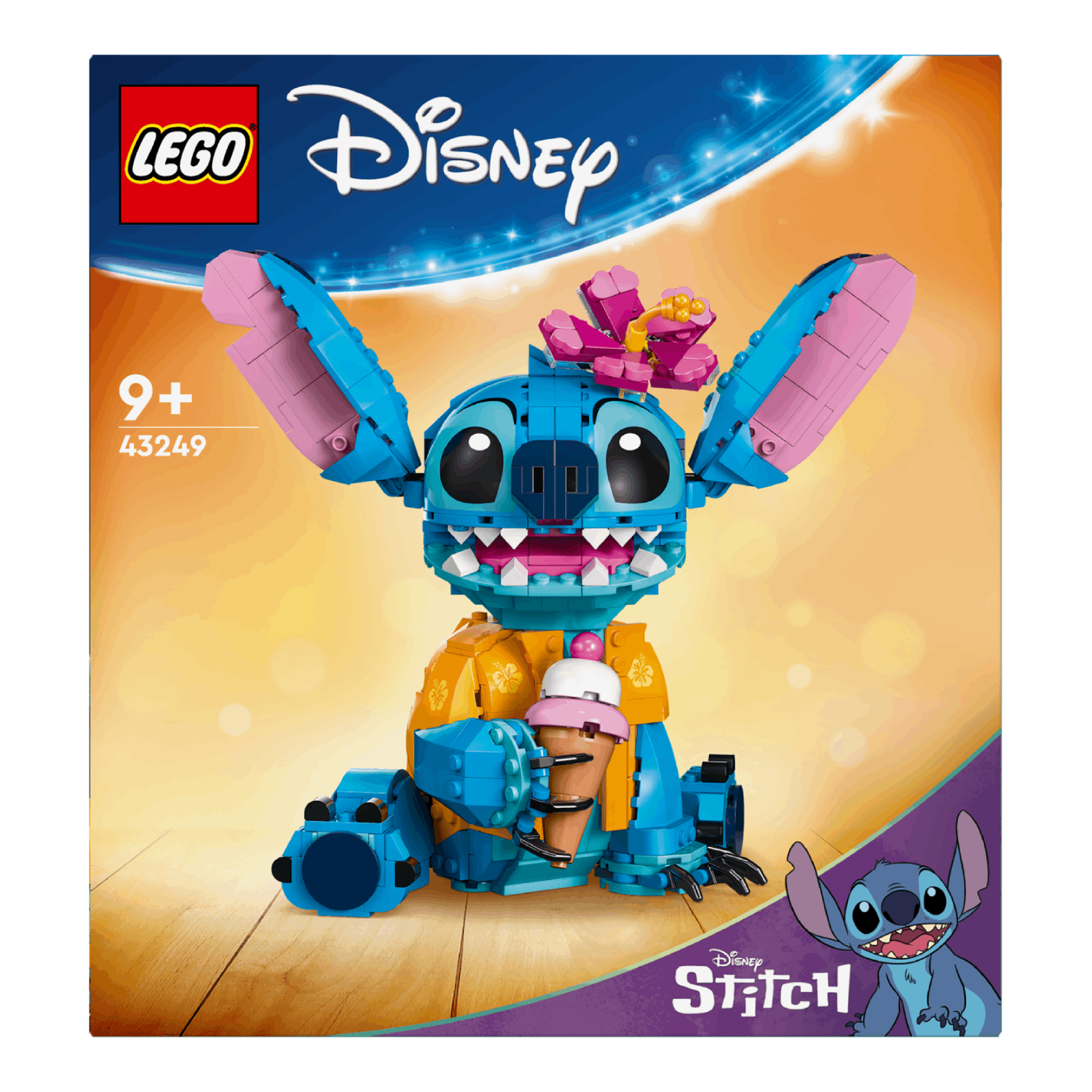 Lego Disney Stitch set. Blauwe Stitch met ijs. Doos met Stitch, Disney logo en leeftijd.