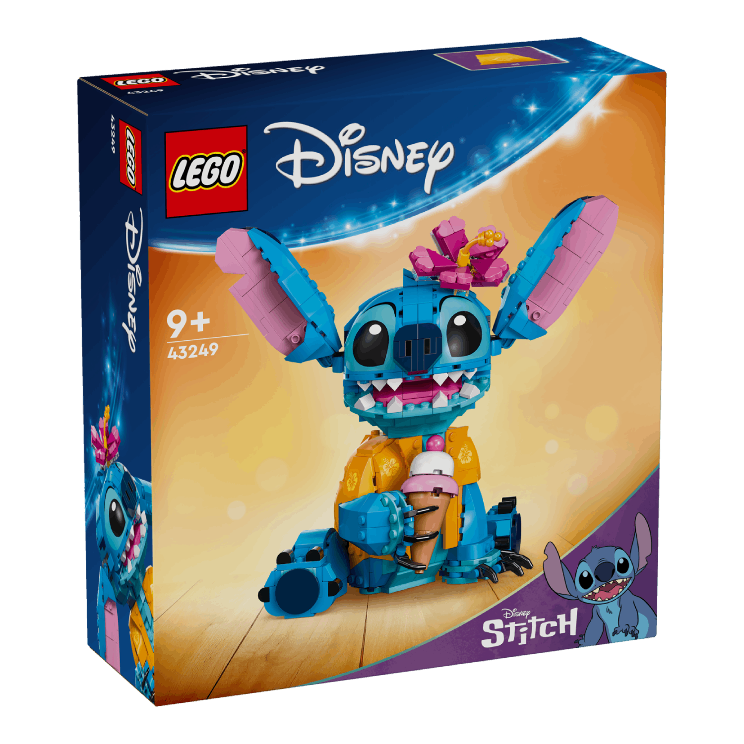 Lego Disney Stitch set doos. Toont Stitch figuur en doosdetails, inclusief Disney logo en leeftijd.