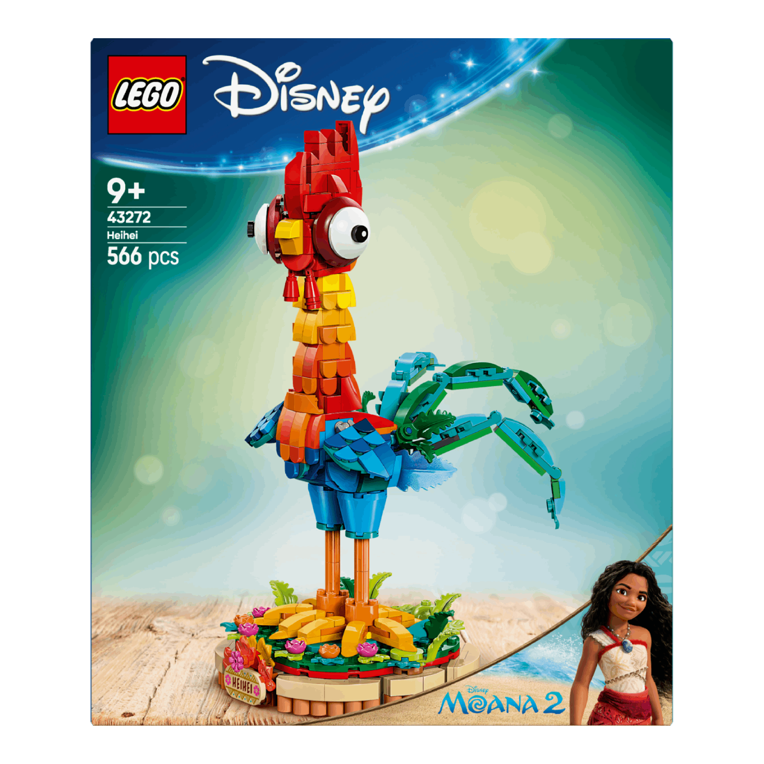Een LEGO Disney Heihei-model op een doos. Inclusief Moana en de doos vermeldt 566 stukjes.