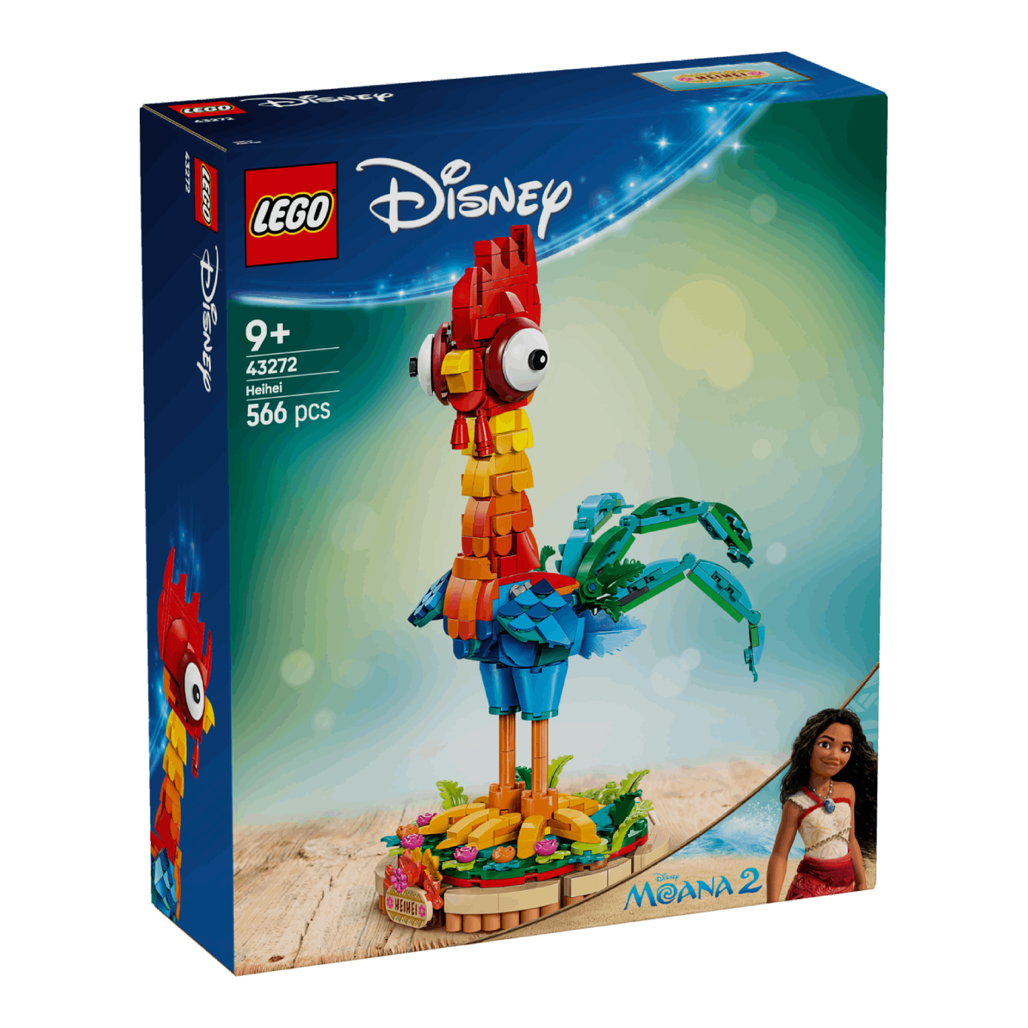 Een LEGO Disney Heihei-doos. De doos heeft een hanenmodel en Moana.