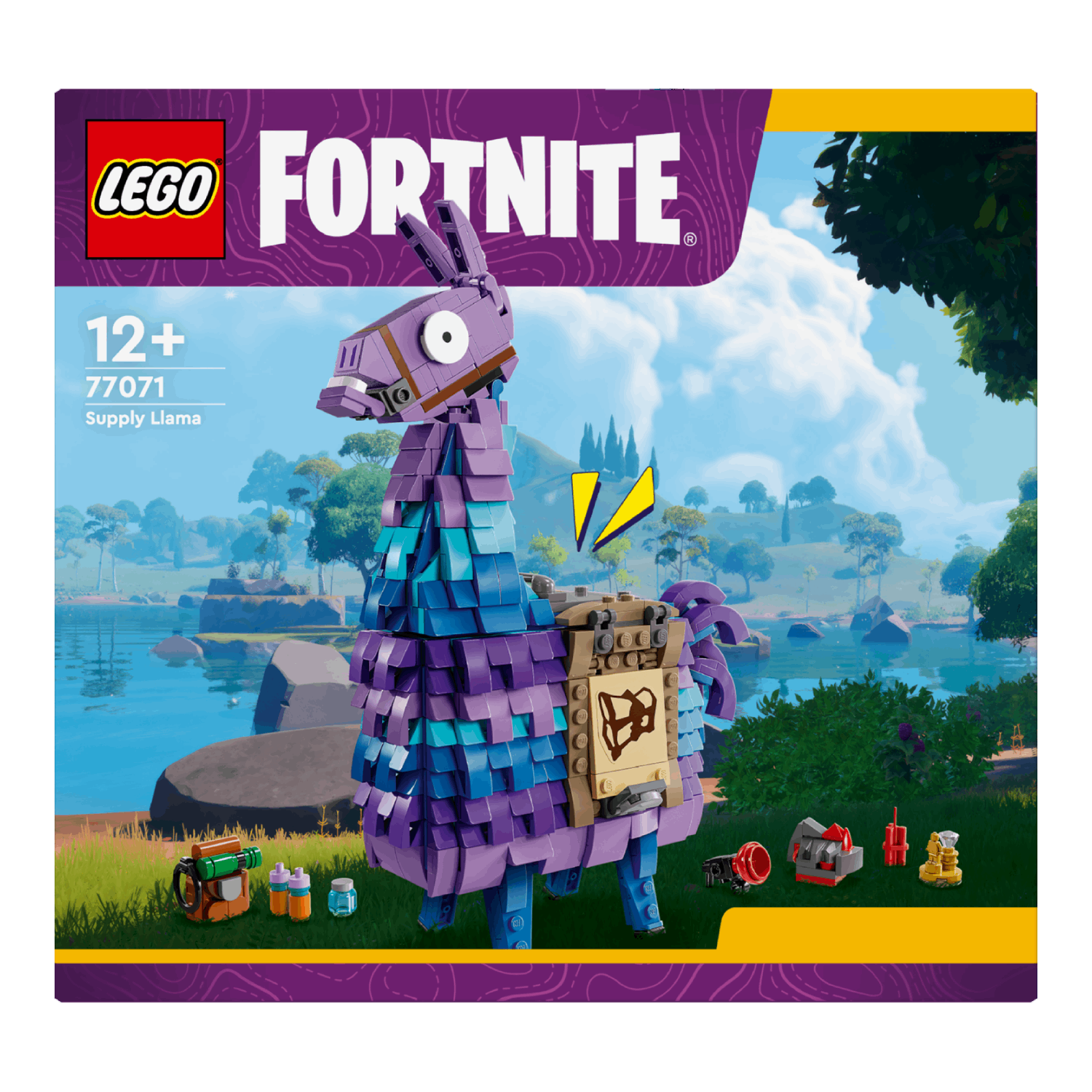 A LEGO Fortnite Supply Llama box with a llama model and other LEGO items.
