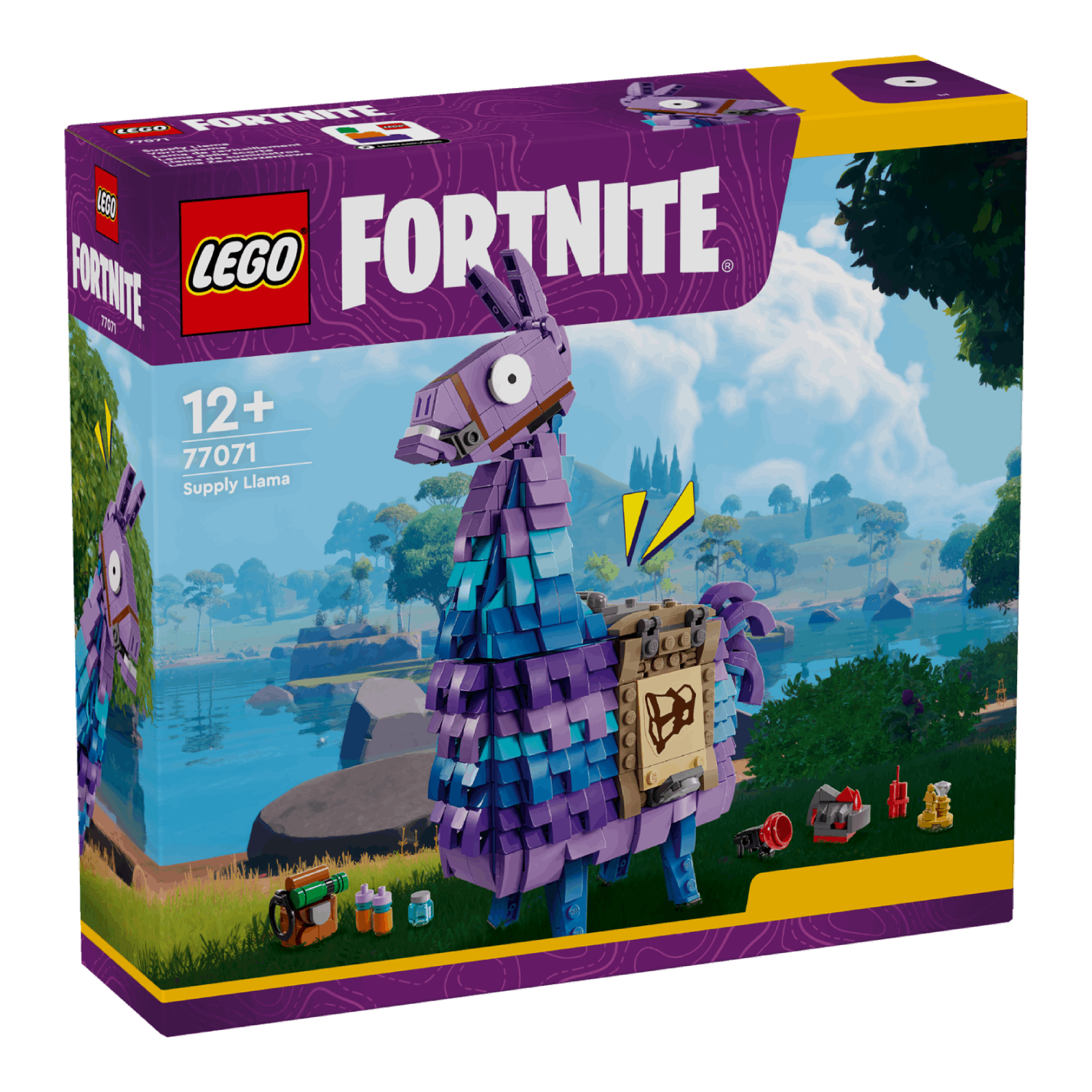 A LEGO Fortnite Supply Llama box with a llama model and a landscape background.