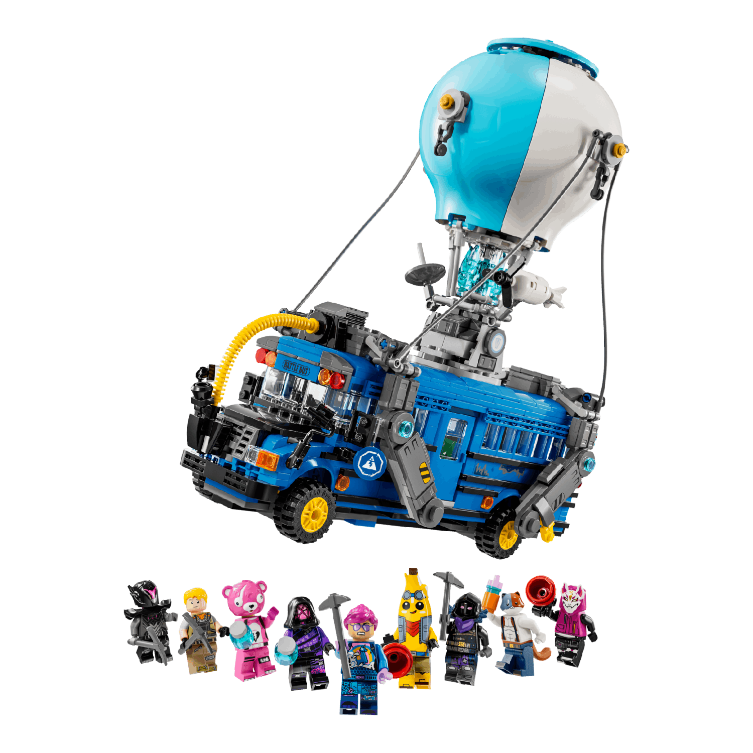 Lego Fortnite Battle Bus met minifiguren. Blauwe bus, witte en blauwe ballon.