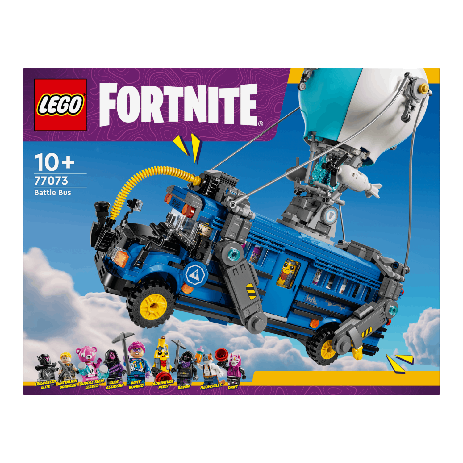 Doosontwerp van de Lego Fortnite Battle Bus set. Blauwe bus, witte en blauwe ballon.