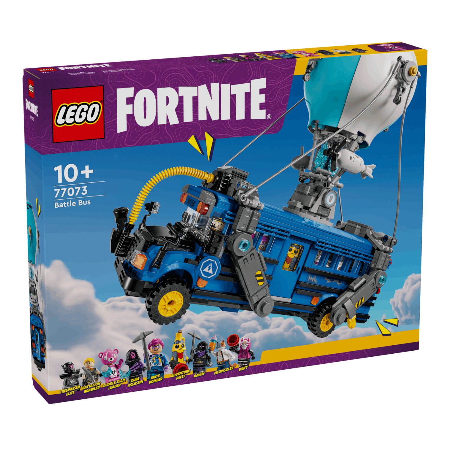Lego Fortnite Battle Bus doos met de set. Blauwe bus, witte en blauwe ballon.