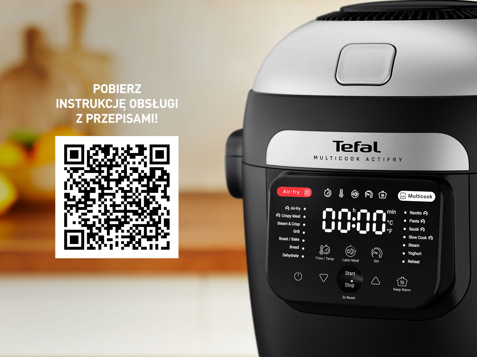 Tefal Multicook Actifry na drewnianej powierzchni. Widoczny kod QR i wyświetlacz cyfrowy.
