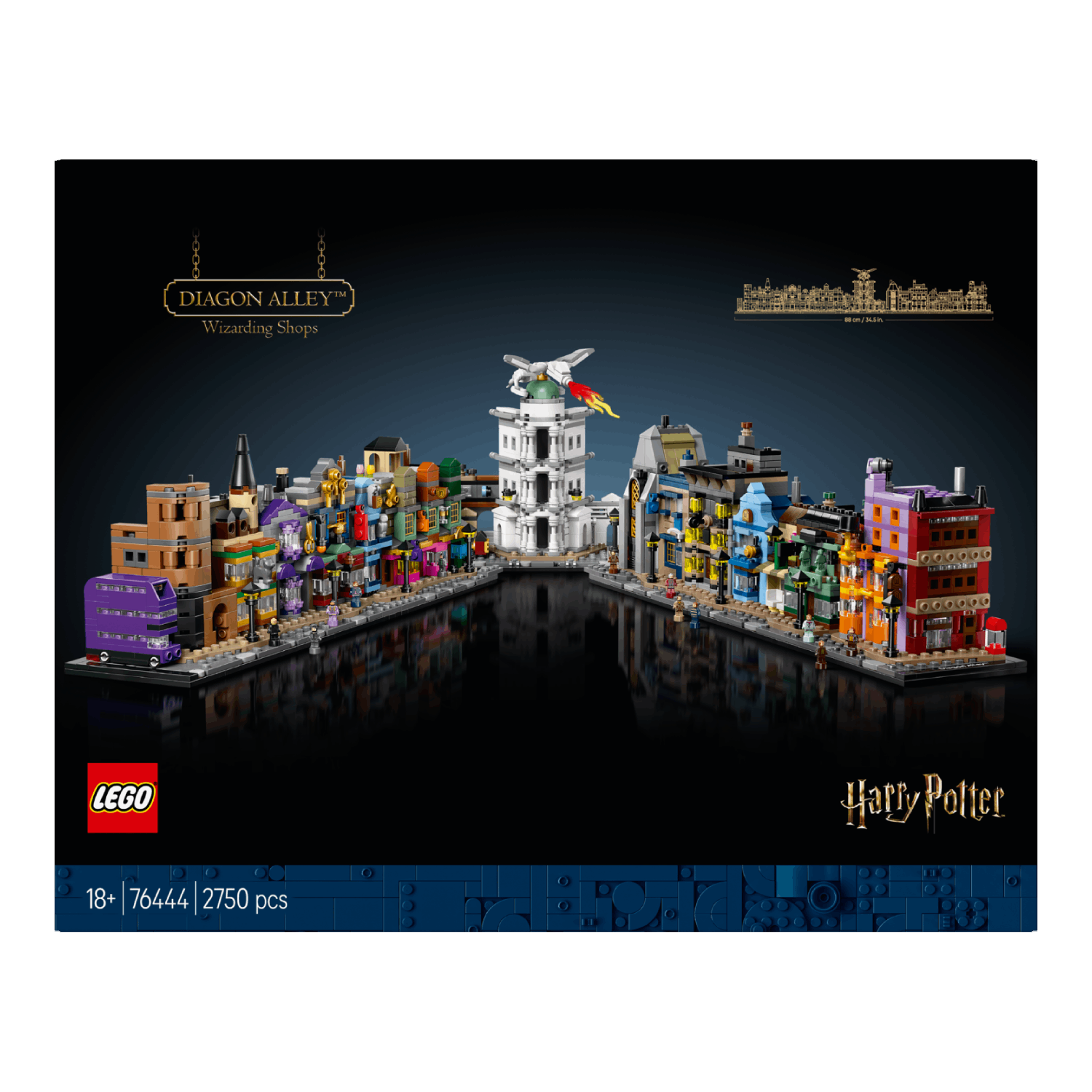 A LEGO Diagon Alley set on a black background with Harry Potter branding and set details.