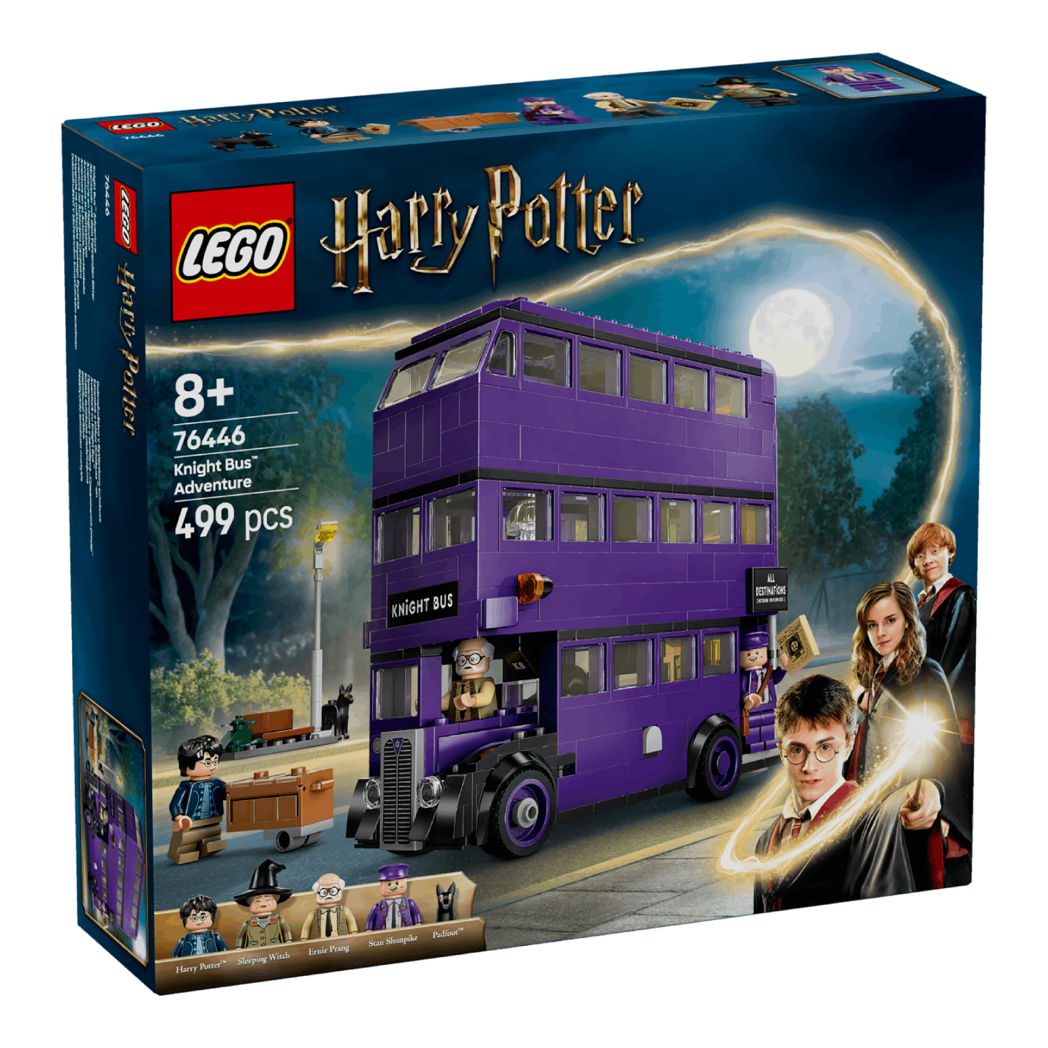 A LEGO Knight Bus set box with Harry Potter characters on the cover, from a side angle.