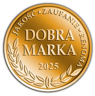 Złoty medal z napisem 'Dobra Marka 2025', otoczony wieńcem laurowym i polskim tekstem.