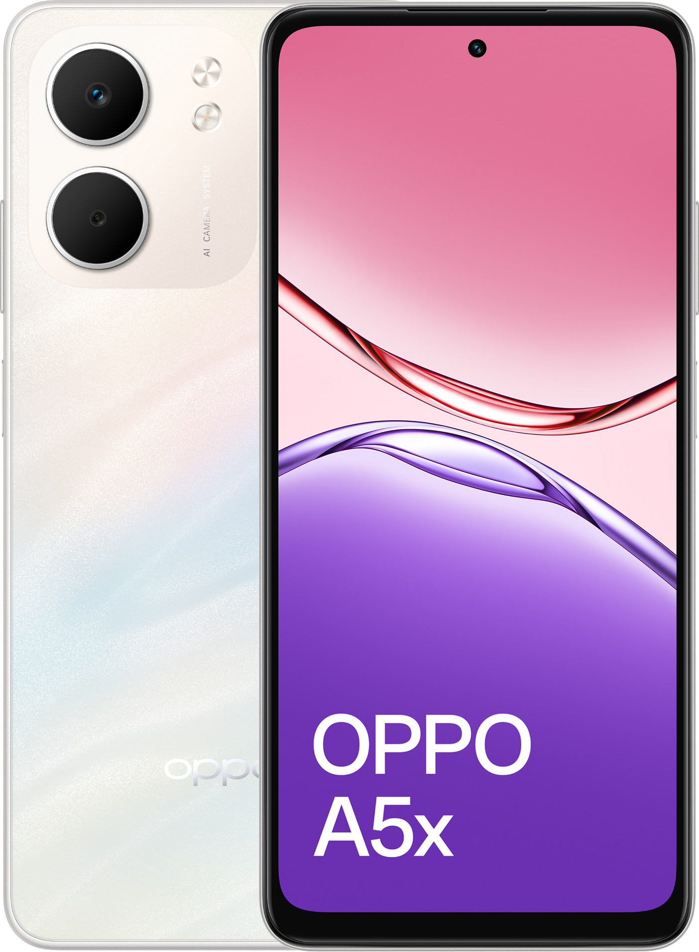 Biały smartfon Oppo A5x. Tył z obiektywami aparatu, przedni ekran z gradientem różu i fioletu oraz logo Oppo.