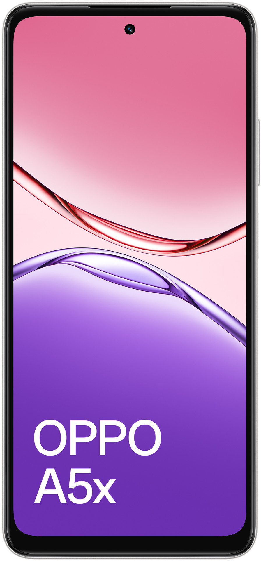 Telefon OPPO A5x. Ekran z gradientem fioletu i różu. Przedni aparat i nazwa telefonu.