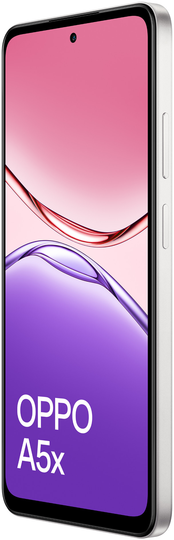 Smartfon OPPO A5x. Srebrna ramka, czarny ekran z gradientem różowo-fioletowym i przednim aparatem. Tło jest białe.