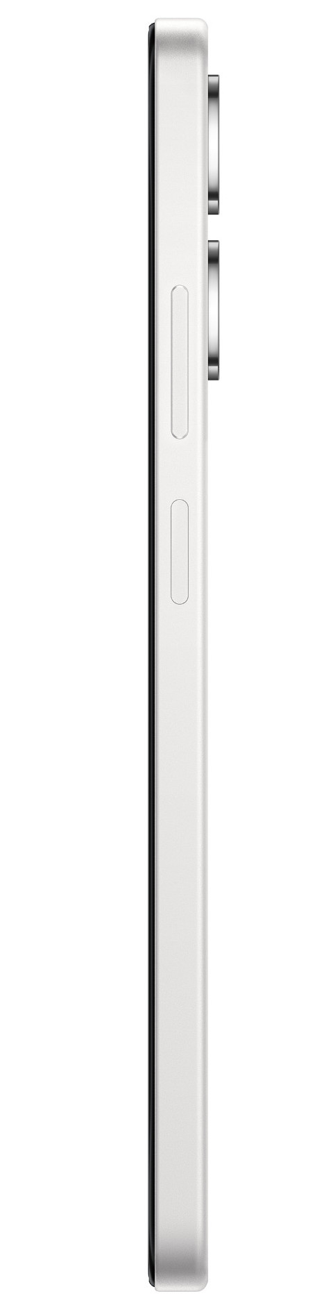Widok z boku białego smartfona. Widoczne są przyciski, czarna ramka i srebrny aparat.