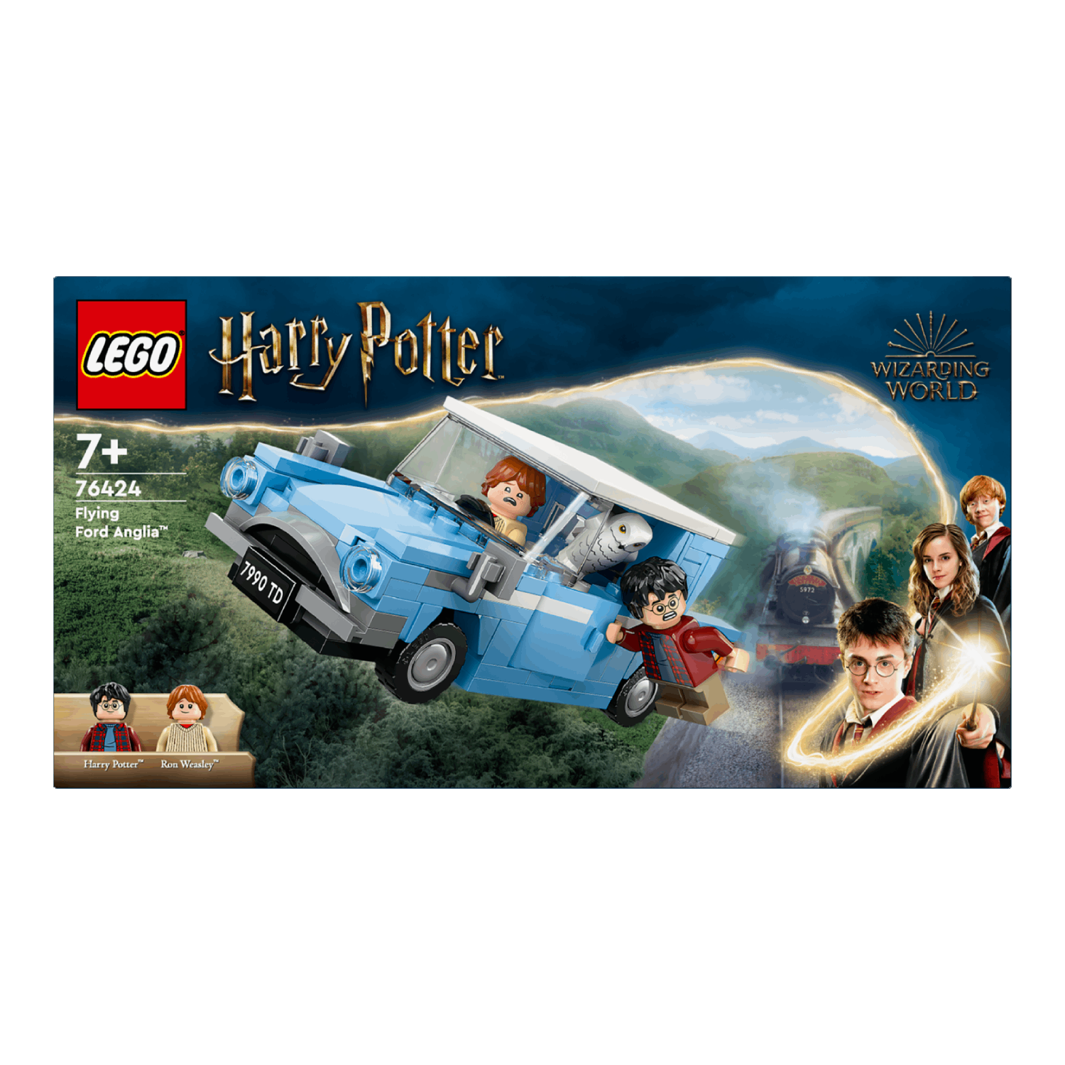LEGO Harry Potter set. A blue Ford Anglia car flies with Harry and Ron. Hogwarts Express is in the background with other characters.