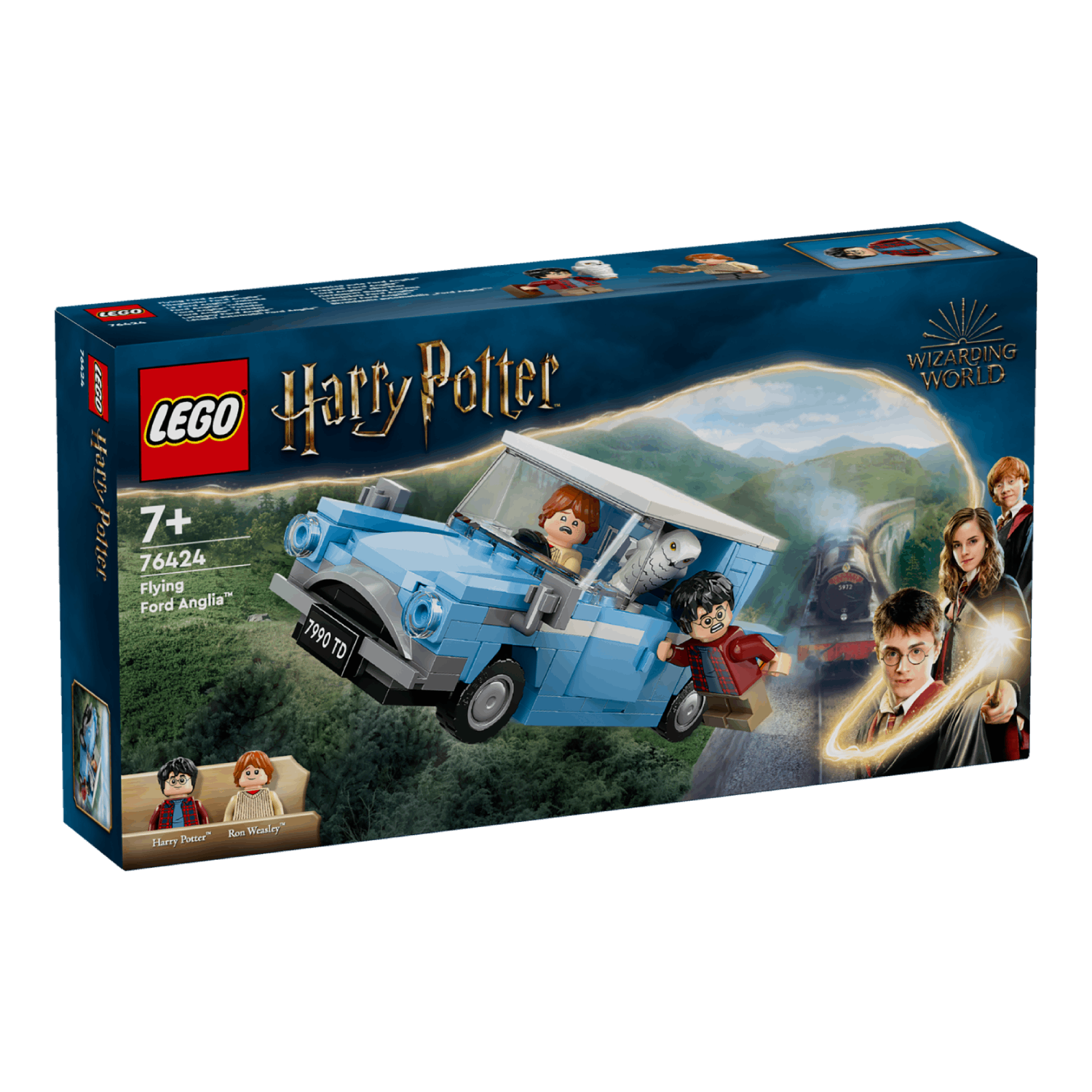 Lego Harry Potter set box. Features the Flying Ford Anglia, characters Harry, Ron, Hedwig, and a Hogwarts Express train.
