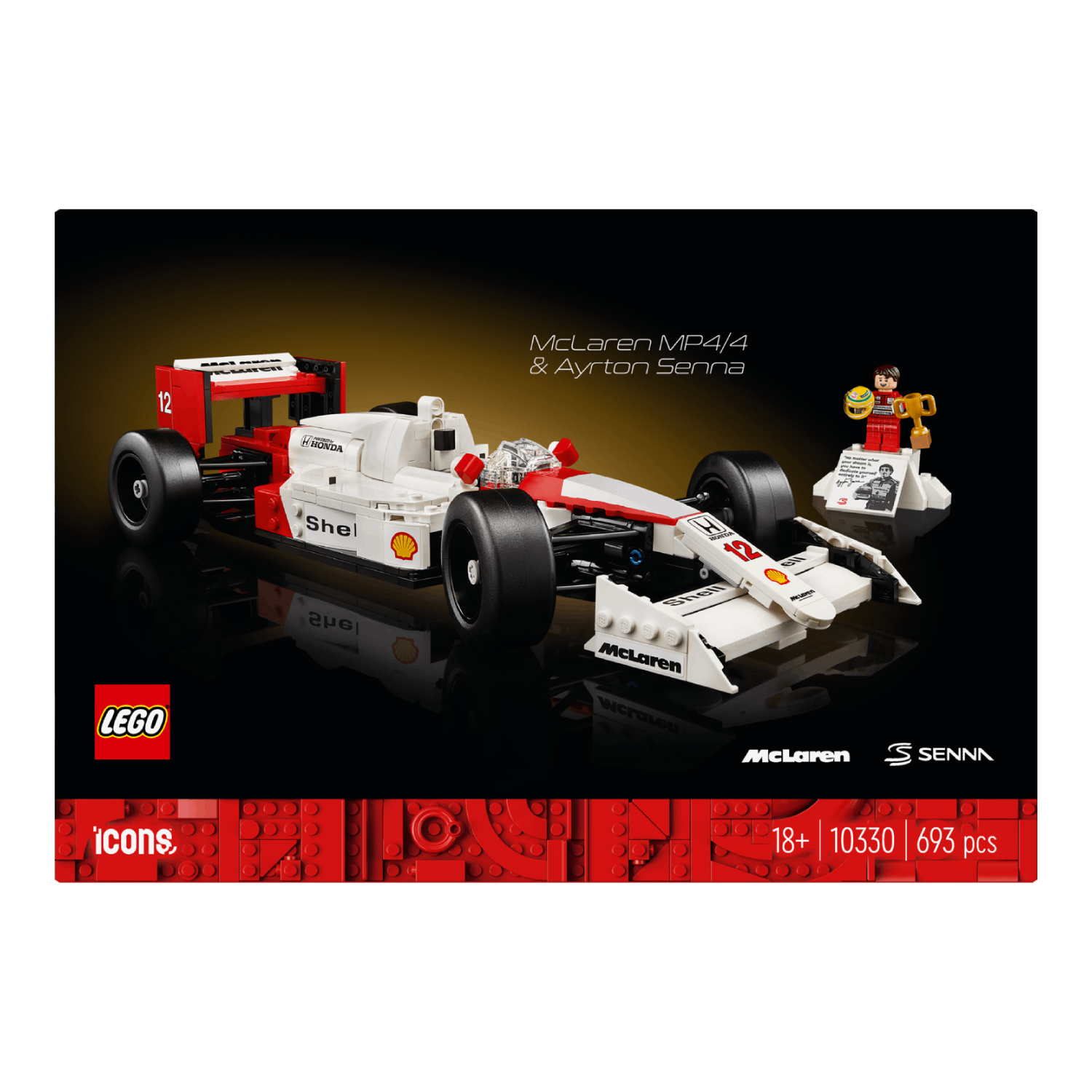 Lego McLaren raceauto op een zwarte achtergrond met tekst. Inclusief een coureur figuur en trofee.