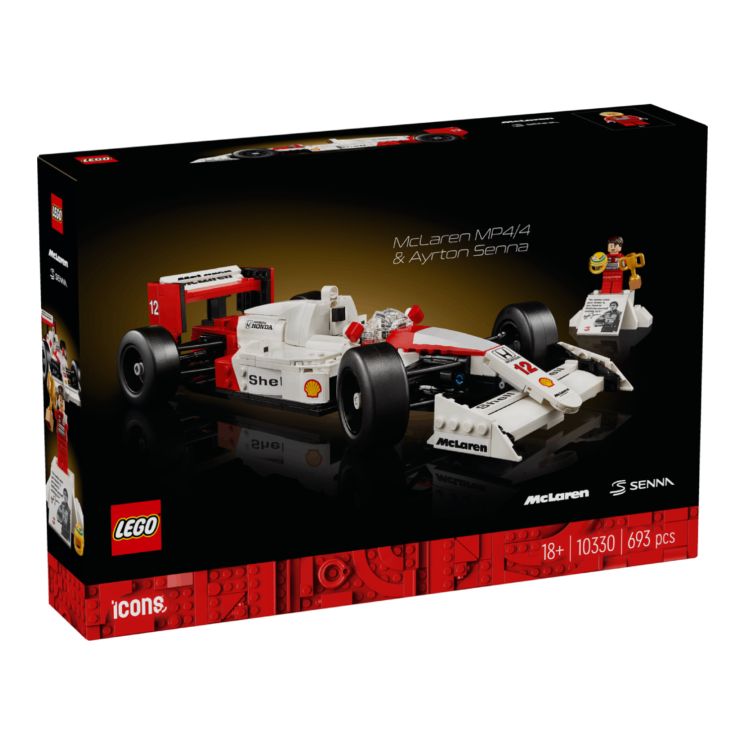 Lego McLaren raceauto doos op een zwarte achtergrond. De doos toont de auto, coureur en tekst.