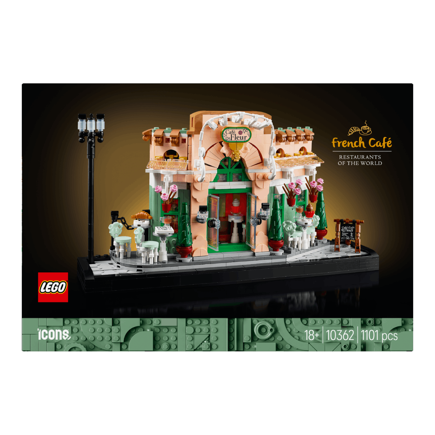 A LEGO set box depicts a French cafe model, with a street, and a streetlight. The box has logo.