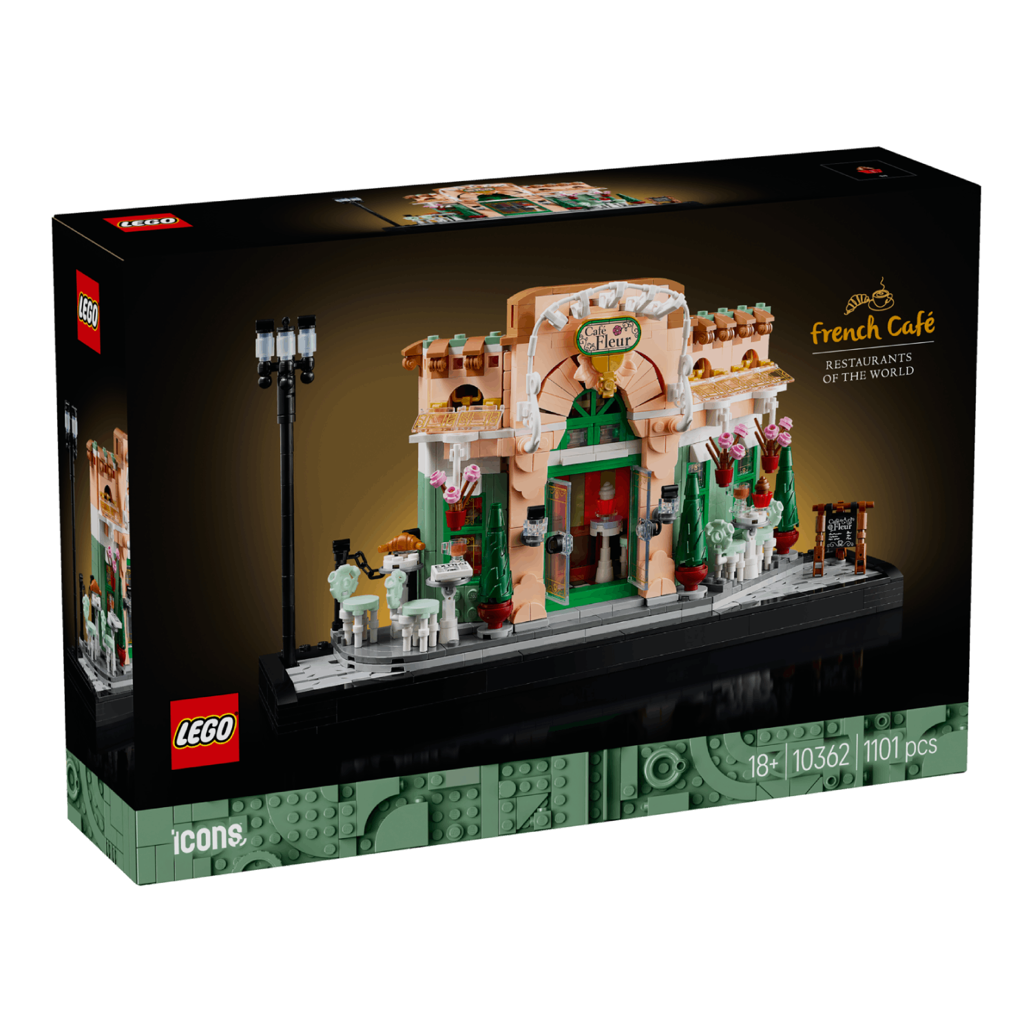 A LEGO set box showcasing the French Cafe model from the Restaurants of the World series.