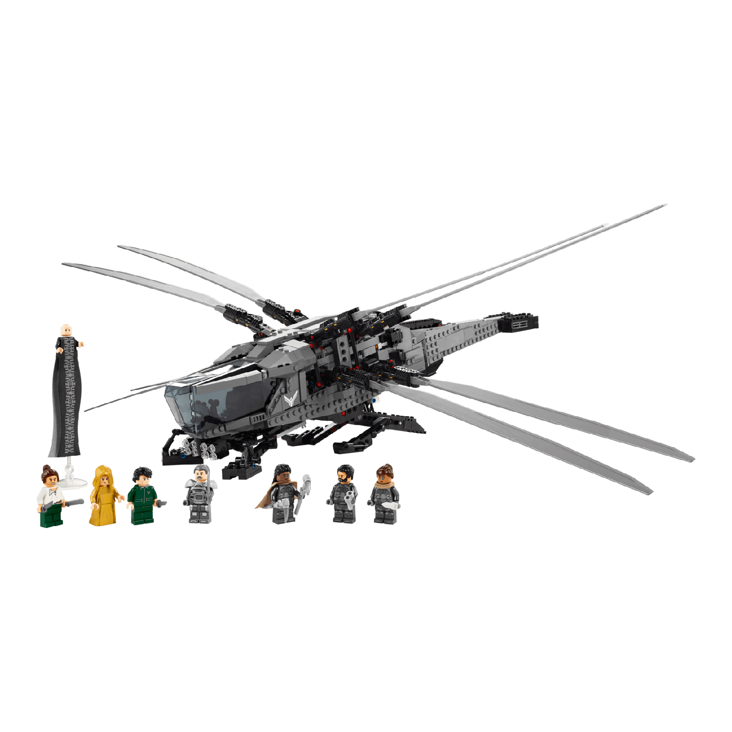 Set Lego-minifiguren en Ornithopter-model met zwarte achtergrond. Een persoon staat.