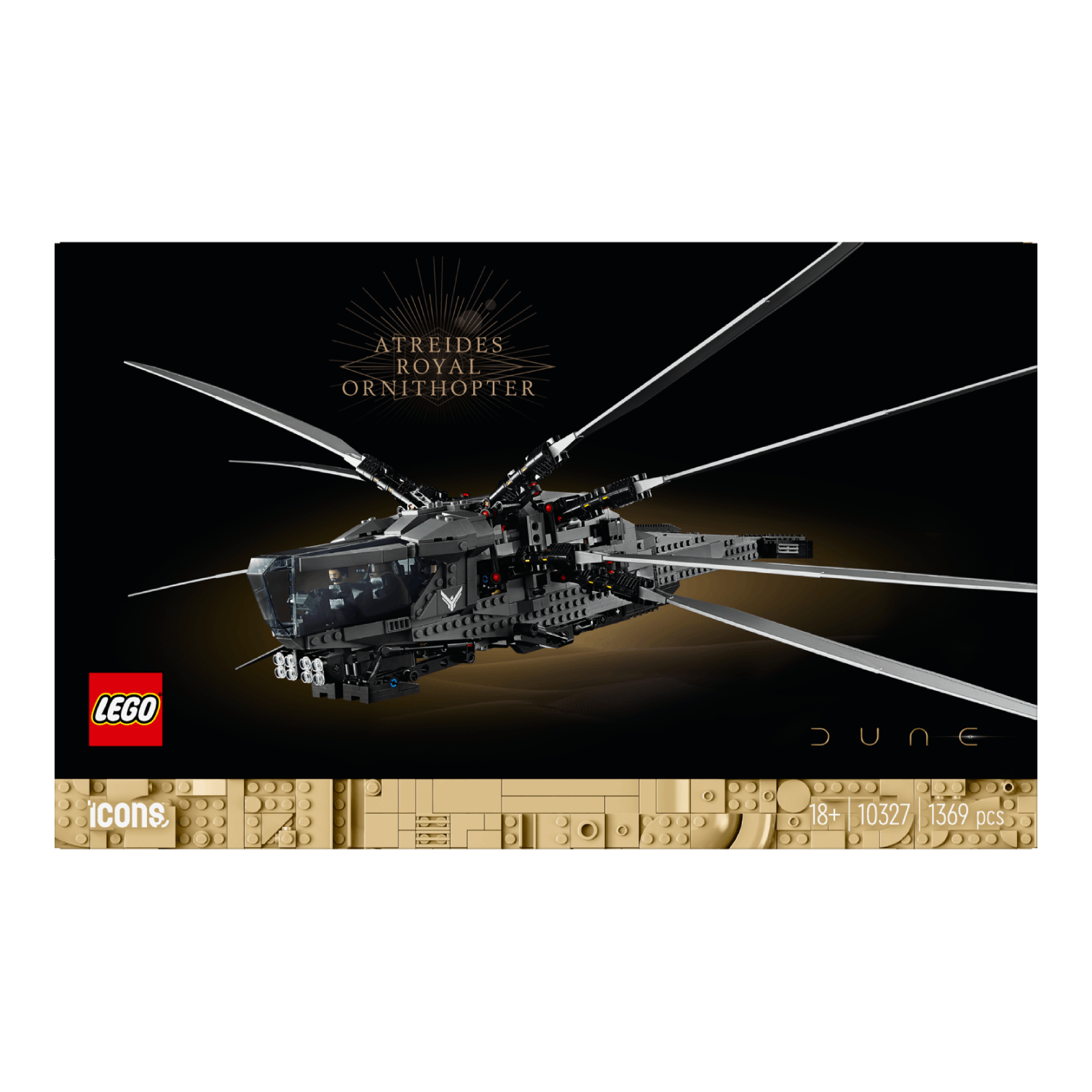 Lego-setdoos met de Ornithopter, Dune. De doos heeft de Lego- en Dune-logo's.
