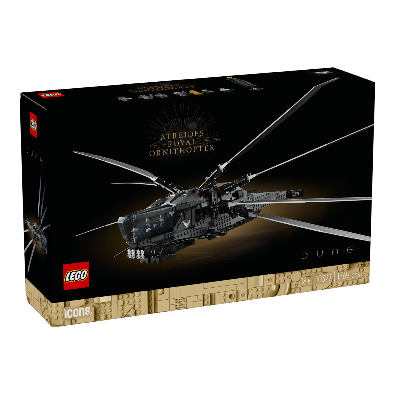 Lego-setdoos met de Ornithopter, Dune. De doos toont het model en de logo's.