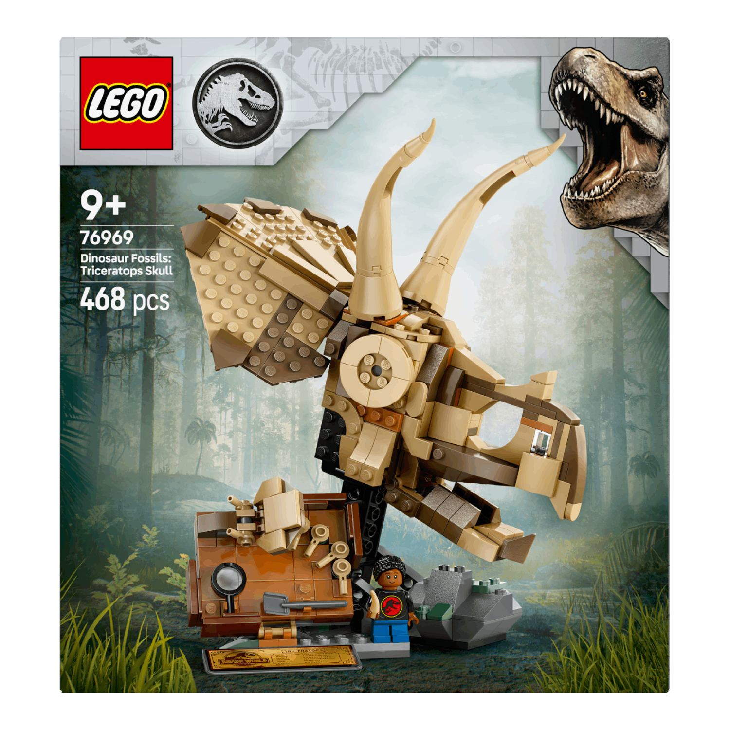 A Lego Triceratops skull set box is displayed with a dinosaur image in the background.