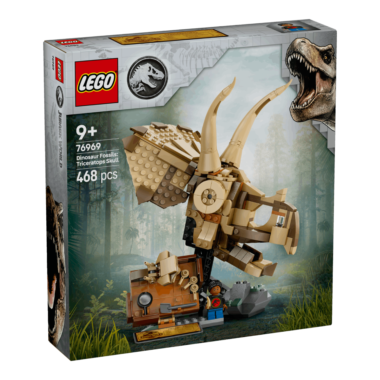 A Lego Triceratops skull box is displayed with a dinosaur image in the background.
