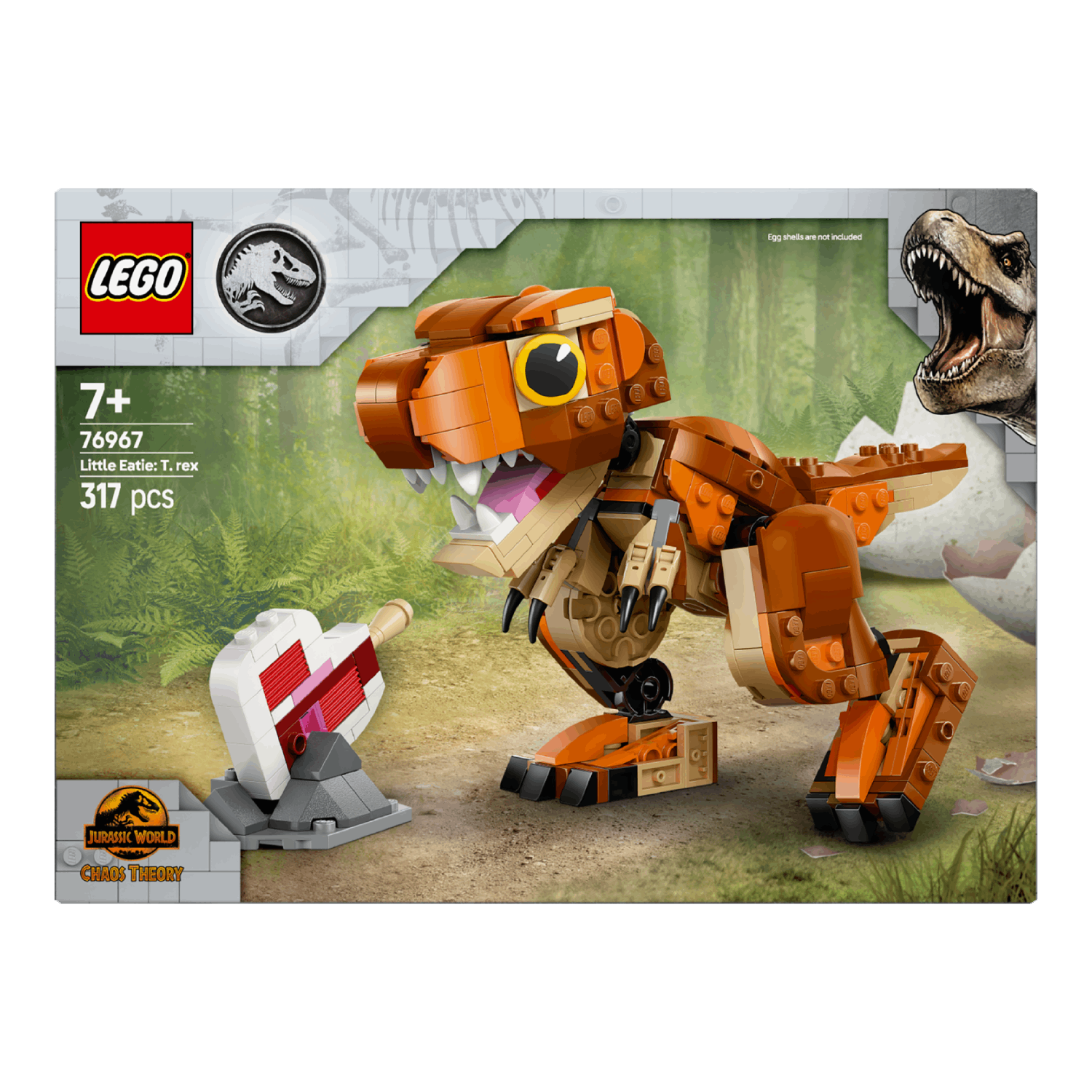 Een Lego T-rex dinosaurus speelgoed wordt getoond met een doos die details over de set heeft.