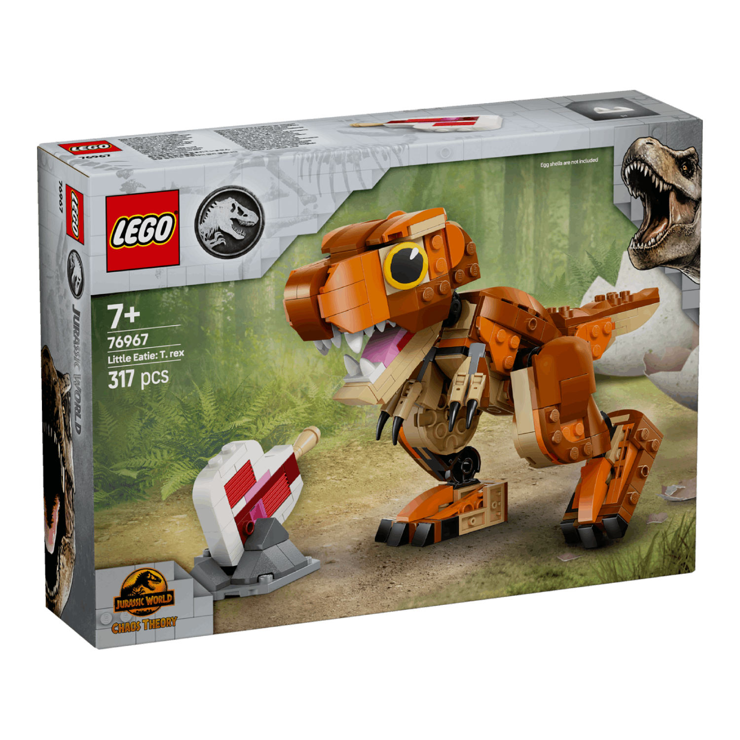 Een Lego T-rex dinosaurus speelgoed wordt getoond met een doos die details over de set heeft.