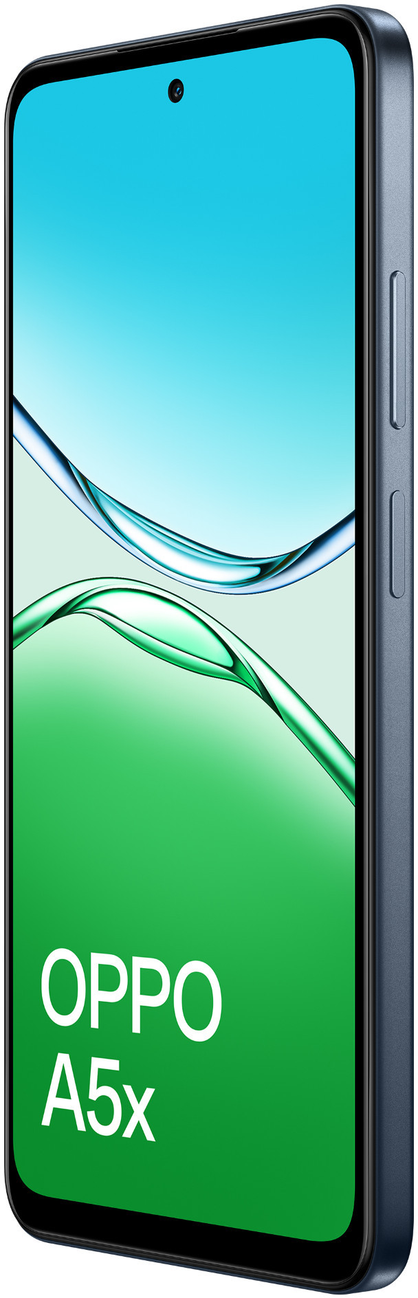 Niebieski telefon z tekstem Oppo A5x na ekranie, na tle wody.