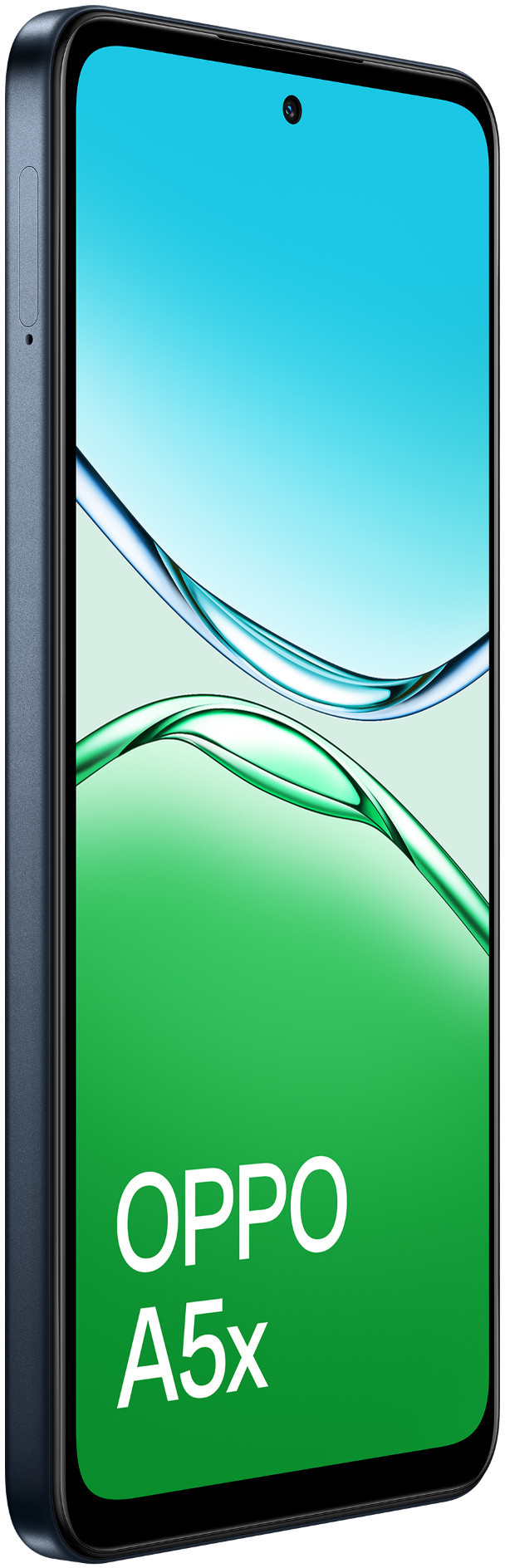 Niebieski telefon z tekstem Oppo A5x na ekranie, na tle wody.