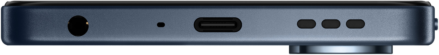 Widok od dołu niebieskiego telefonu Oppo, z portem, otworem i trzema małymi otworami.