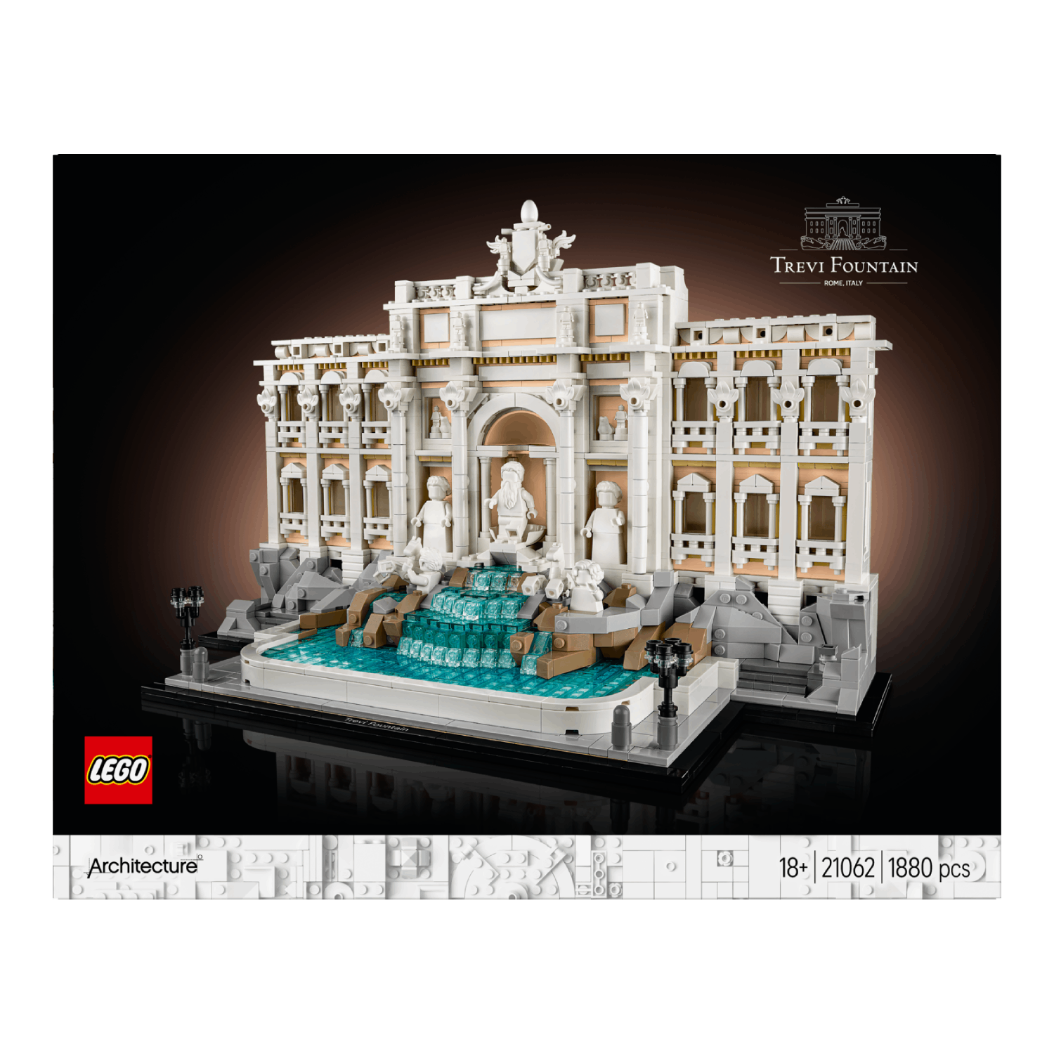 Lego Trevi Fontein, Architecture serie. Model op zwart. Wit gebouw, blauw water.