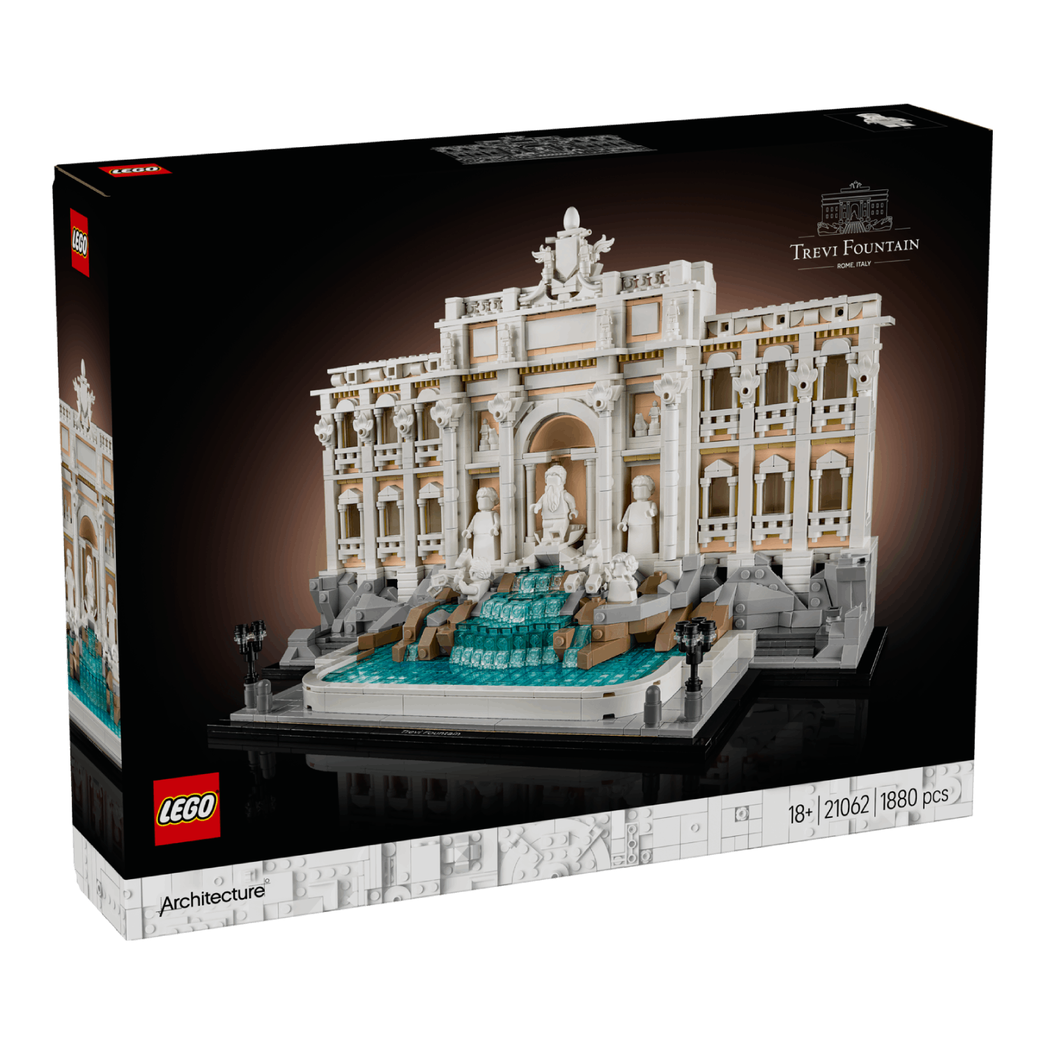 Lego Trevi Fontein doos. Wit gebouwmodel getoond op de doos. Zwarte achtergrond.