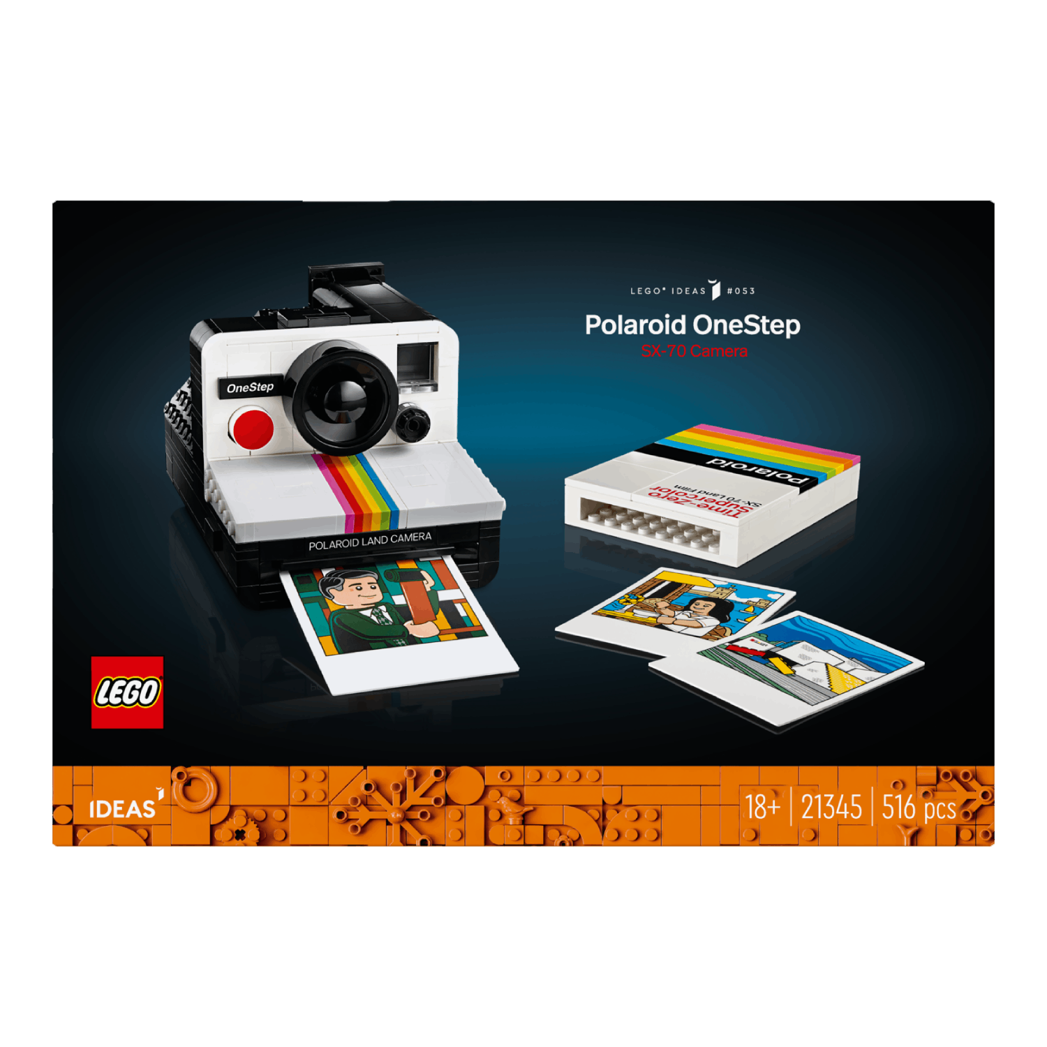 LEGO Polaroid cameradoos. Witte en zwarte camera met regenboogstreep en foto's. Zwarte achtergrond.