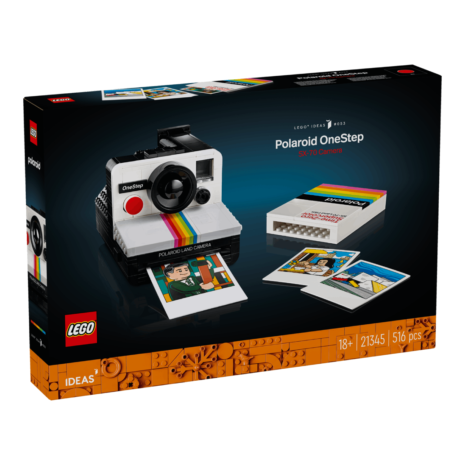 LEGO Polaroid cameradoos. Witte en zwarte camera met regenboogstreep en foto's. Oranje, zwarte en witte doos.