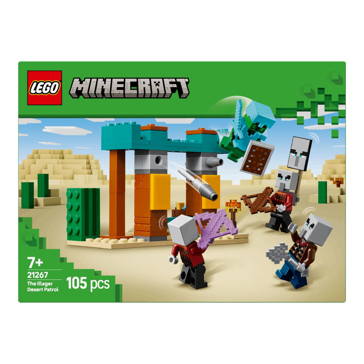 Minecraft Lego set: Personages en structuur in een woestijnlandschap.