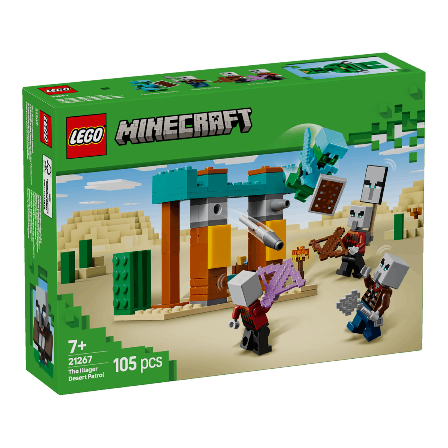 Lego Minecraft doos, personages en structuur in een woestijnlandschap.